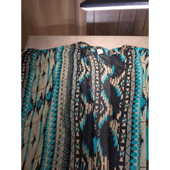Southwestern Geometric Fringe Kimono Cardigan Turquoise Black One Size - Picture 9 of 9
